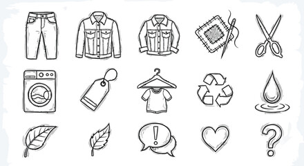 A collection of hand-drawn sketch icons representing clothing, laundry, sustainability, and care, suitable for fashion or eco-friendly branding.