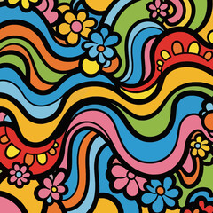 Fototapeta premium Psychedelic Flower Power Pattern: Retro Swirls and Blooms in Vibrant Colors