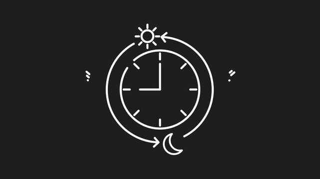 Clock with day and night cycle white line icon animation. Clock with rotating sun and moon. Ideal for designs representing time passing, day and night cycles, calendars, scheduling concepts.