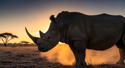 Fototapeta premium White Rhinoceros Standing in African Savannah Dust