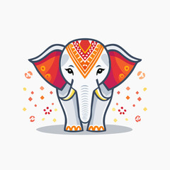 Fototapeta premium Cute Indian Elephant with Traditional Decorations and Colorful Confetti.