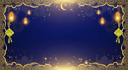 A digital illustration of a Ramadan or Eid Mubarak background with a dark blue night sky, crescent moon, lanterns, and a decorative golden border, conveying a festive and celebratory mood.