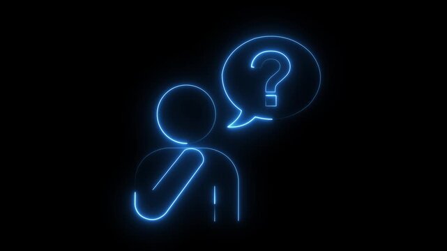 Glowing blue neon animation of a person icon with a question mark speech bubble on a dark background, inquiry, help, support, FAQ, or questions