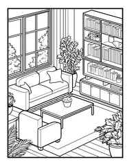 Fototapeta premium Home kids coloring page with Kids Coloring Page Top View Living Room Interior, Kids Coloring Page Black and White Living Room Line Art, Kids Coloring Page Printable Worksheet