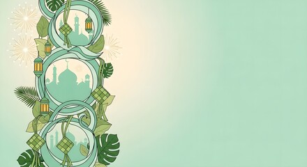 Digital illustration of a Ramadan or Eid Mubarak background with a mint green gradient, featuring a decorative column of circular frames with mosque silhouettes, lanterns, and tropical