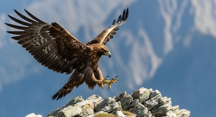 Obraz premium Golden Eagle Landing on Mountain Rock with Wings Spread