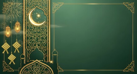 Eid Mubarak Al-Fitr Ramadan Ramadhan decorative background with golden crescent moon lanterns and intricate patterns on a dark green surface