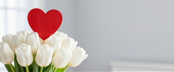 Close up of fresh white tulips bouquet with a decorative red heart on a bright background, perfect for Valentine's Day or Mother's Day greeting card