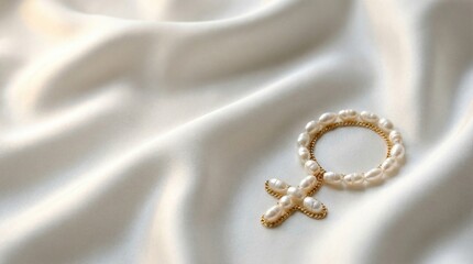 Luxurious pearl and gold female gender symbol jewelry design resting on elegant white silk fabric for femininity and empowerment concept with copy space