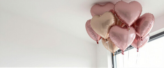 Romantic pink and rose gold metallic heart balloons floating against a clean white background for a love and celebration concept with copy space