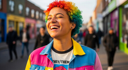 Joyful non-binary person with rainbow hair and colorful jacket laughing candidly on a vibrant urban street for individuality and inclusion concept