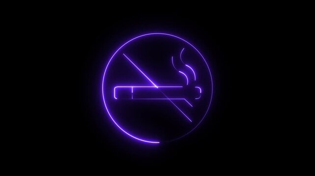 Bright glowing stylized neon purple no smoking sign animation drawing on a dark background, warning, prohibition, public health, or smoking ban