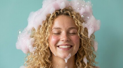Joyful young woman with curly blonde hair eyes closed and smiling covered in playful pink soap bubbles for a refreshing self-care concept