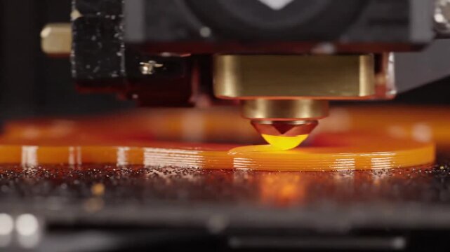 Close up of a 3D printer nozzle extruding glowing orange plastic filament onto a dark build plate for modern manufacturing concept and rapid prototyping