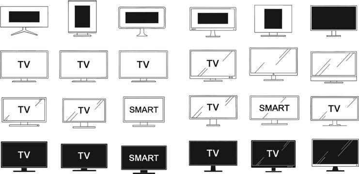 Collection of smart television and computer monitor icons in flat screen vertical and ultra-wide styles for tech branding