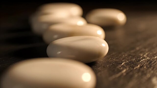 Smooth, white, oval objects are lined up on a dark, textured surface