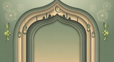 A decorative green and gold archway with floral patterns on a gradient background, symbolizing Ramadan or Eid al-Fitr celebrations with a festive mood.