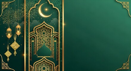 A dark green background with gold Islamic patterns and a crescent moon, featuring a decorative archway and lanterns for a festive eid or ramadan celebration with a mubarak al-fitr message.