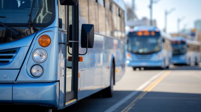 Blue city bus with open door on a street, with other buses blurred in the background.