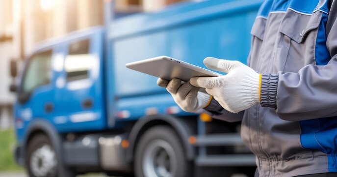 Logistics worker in uniform holding a tablet in front of a blue delivery truck