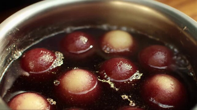 Traditional Indian Gulab Jamun Dessert Simmering in Sweet Aromatic Sugar Syrup.
