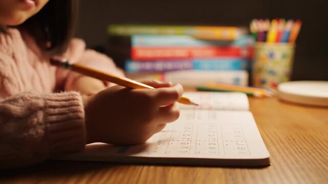Young girl focused on writing homework at a desk with books and colored pencils