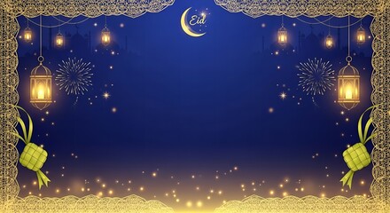 Digital illustration of a Ramadan or Eid Mubarak background with a crescent moon, hanging lanterns, and gold accents against a dark blue night sky with a festive atmosphere.