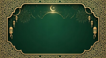 A dark green and gold Islamic-themed eid al-fitr or ramadan ramadhan background with a crescent moon and intricate patterns, ideal for Mubarak celebrations.