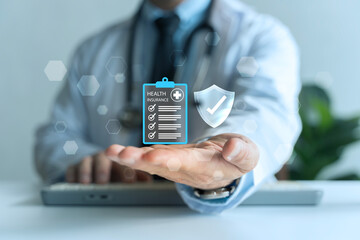 Doctor offering health insurance checklist with shield icon, coverage and protection concept