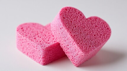 Obraz premium Close-up of two pink heart-shaped sponges on a white surface, creating a visual texture