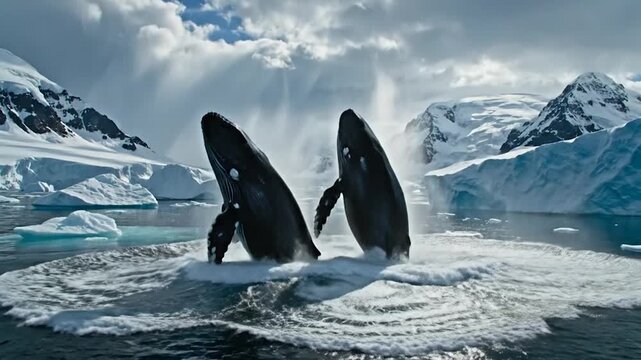 Two humpback whales leap from icy ocean, snow-covered mountains, and clouds in the background