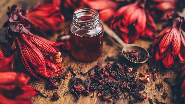 Brewing Natural Wellness Aromatic Hibiscus Tea in Jar with Dried Flowers on Rustic Wood.