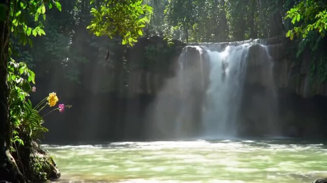 Lush Waterfall in Tropical Forest