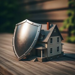 Miniature house protected by a shield on wooden surface symbolizing asset protection and property security. Copy space 