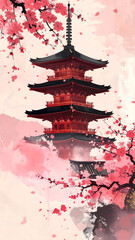 桜舞う古都の五重塔