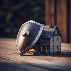 Miniature house protected by a shield on wooden surface symbolizing asset protection and property security. Copy space 