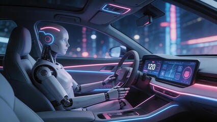 Obraz premium Robot driving futuristic car