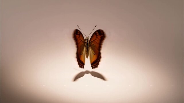 A detailed specimen of a vibrant orange and black-patterned monarch-like butterfly is showcased with dramatic shadow art against a soft neutral backdrop for nature studies.