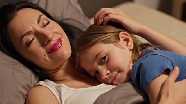 Tender mother and daughter bonding moment lying together on pillow with loving affection and gentle touch in a serene sleep setting at home.