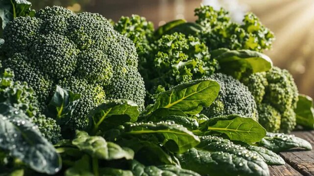 Close-up of fresh, vibrant green broccoli, kale, and spinach with water droplets, highlighting healthy eating and organic produce.