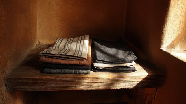 Neatly folded natural fiber cleaning cloths stacked on a rustic wooden shelf with warm lighting