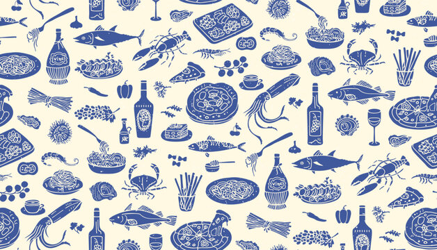 Mediterranean food Seamless pattern Italian and Spanish cuisine. Summer Hand drawn coastal mood with wine and seafood elegant coastal cooking texture. Southern ocean atmosphere background
