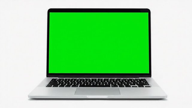 Laptop with Green Screen on White Background.