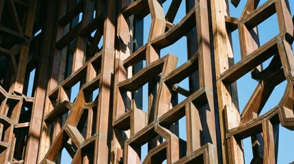 Fototapeta premium Geometric Wooden Architectural Detail Against Blue Sky