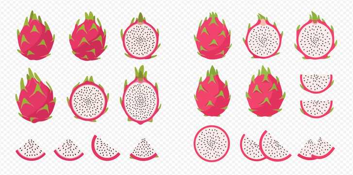 Dragon fruit whole and sliced with pitaya halves and wedges, tropical fruit set.