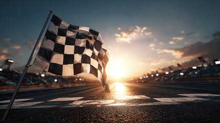 The Finish Line: A checkered flag waves triumphantly at the end of the race track, under a beautiful sunset. This photo captures the essence of achievement, with the promise of victory and success.