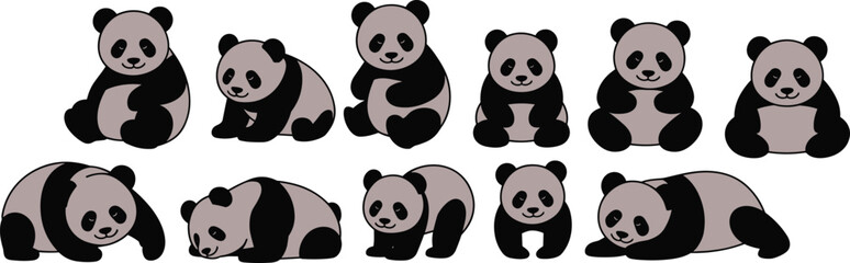 Cute cartoon panda collection set, adorable baby panda characters in different poses, wildlife animal illustration isolated on white background © Mizanur