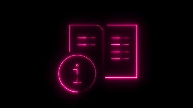 Vibrant glowing neon pink outlined information book and letter 'i' symbol animation on a clean dark background, FAQ, documentation, support, user manual, or digital learning