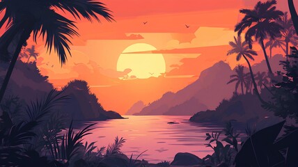 Beautiful sunset over the sea with palm trees and mountains