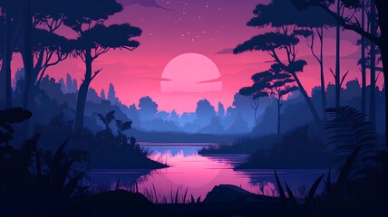 Landscape of swamp and sunset. Nature background.